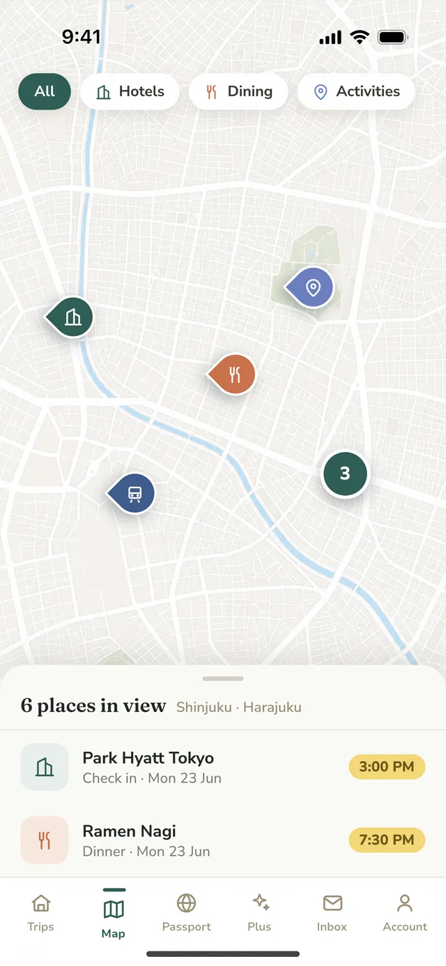 Hopway map screen showing trip stops pinned by neighbourhood