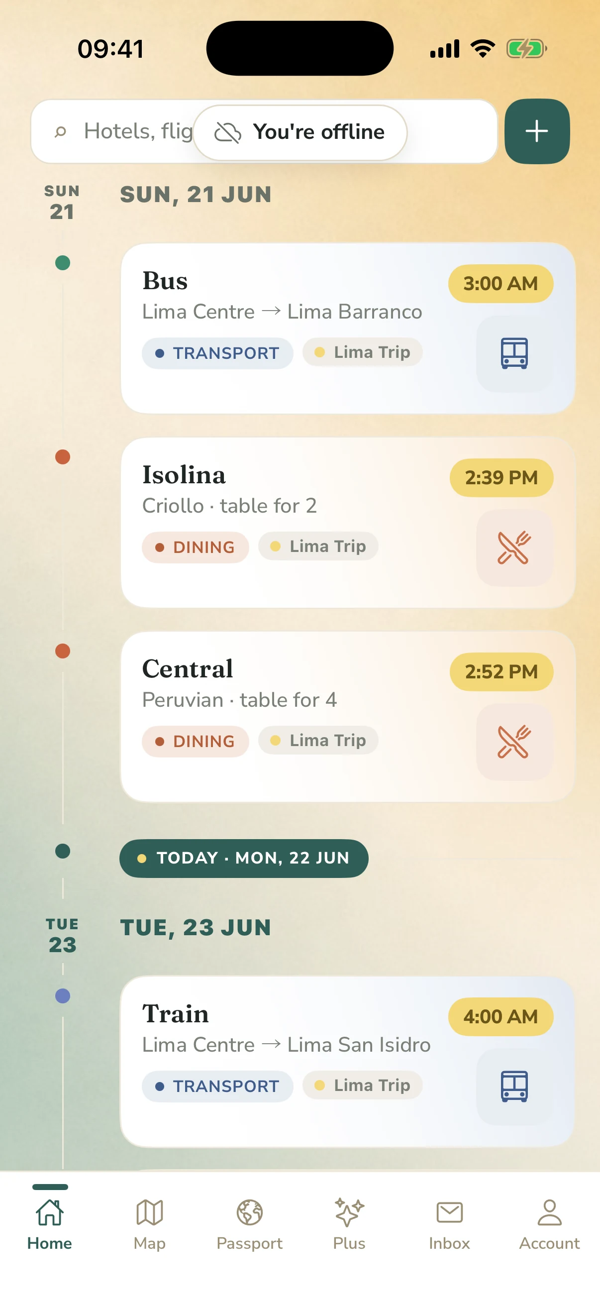 Hopway timeline available offline, with the offline indicator showing
